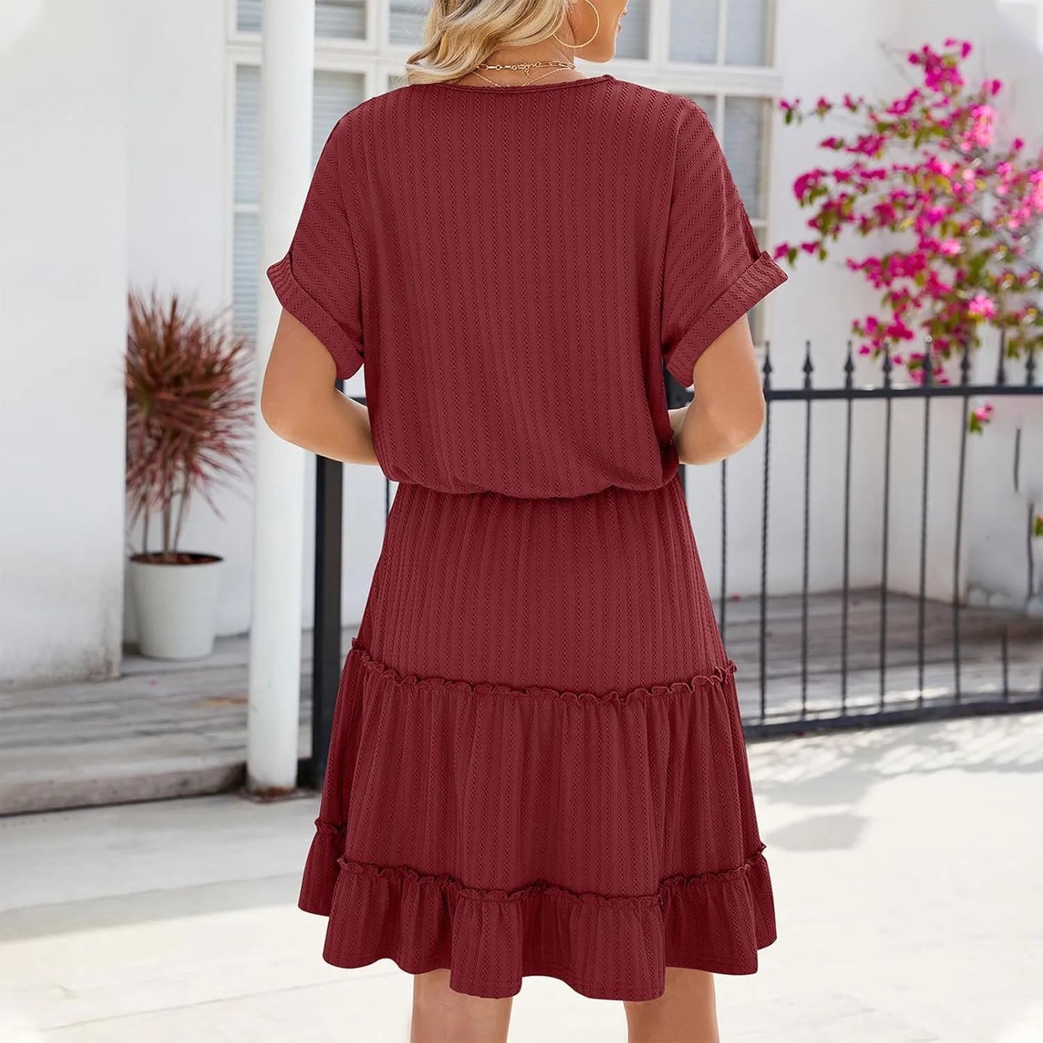 Womens Summer T Shirts Dresses Casual Roll Up Short Sleeve Trendy Textured Flowy Ruffle Tiered A Line Swing Mini Dress