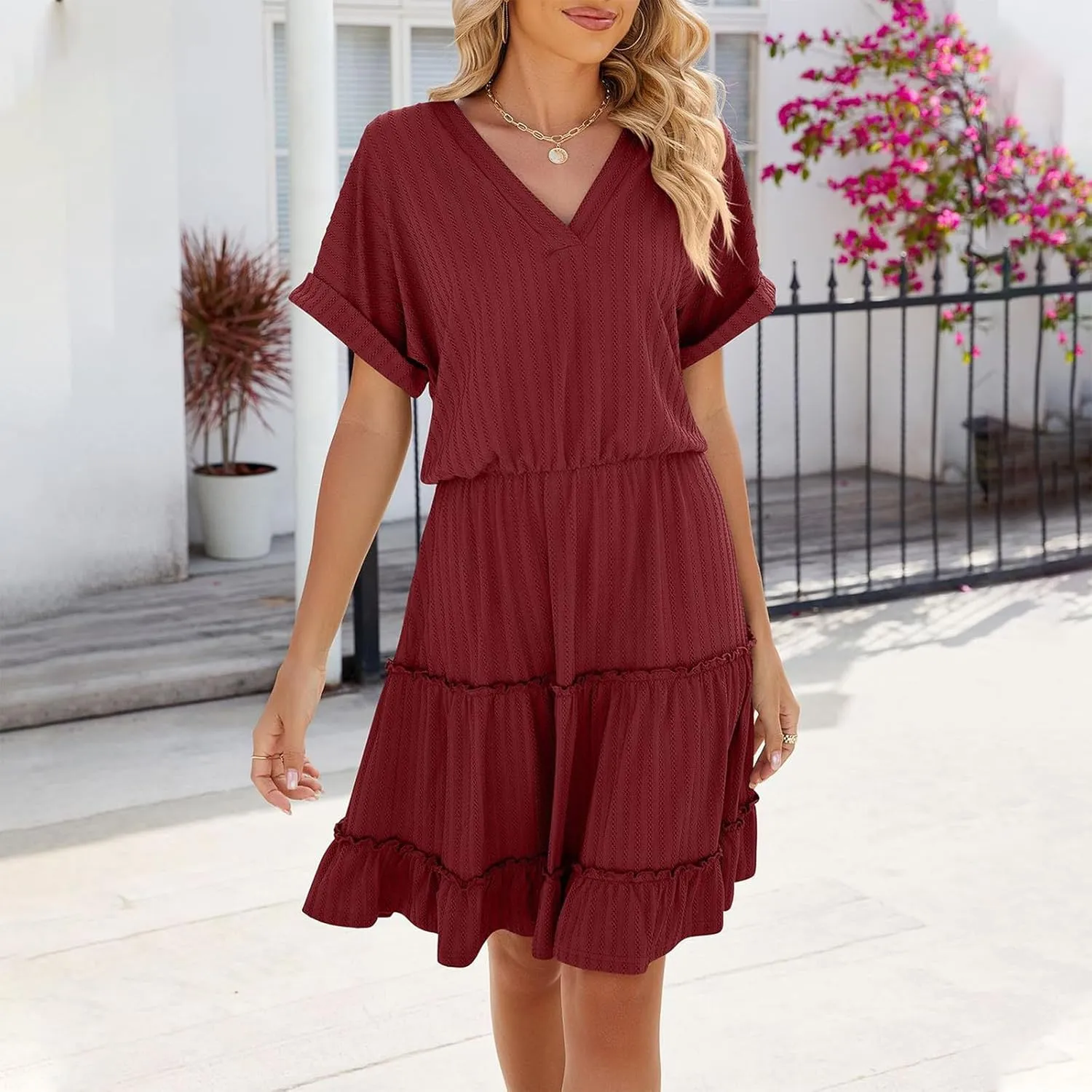 Womens Summer T Shirts Dresses Casual Roll Up Short Sleeve Trendy Textured Flowy Ruffle Tiered A Line Swing Mini Dress