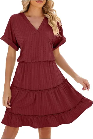 Womens Summer T Shirts Dresses Casual Roll Up Short Sleeve Trendy Textured Flowy Ruffle Tiered A Line Swing Mini Dress
