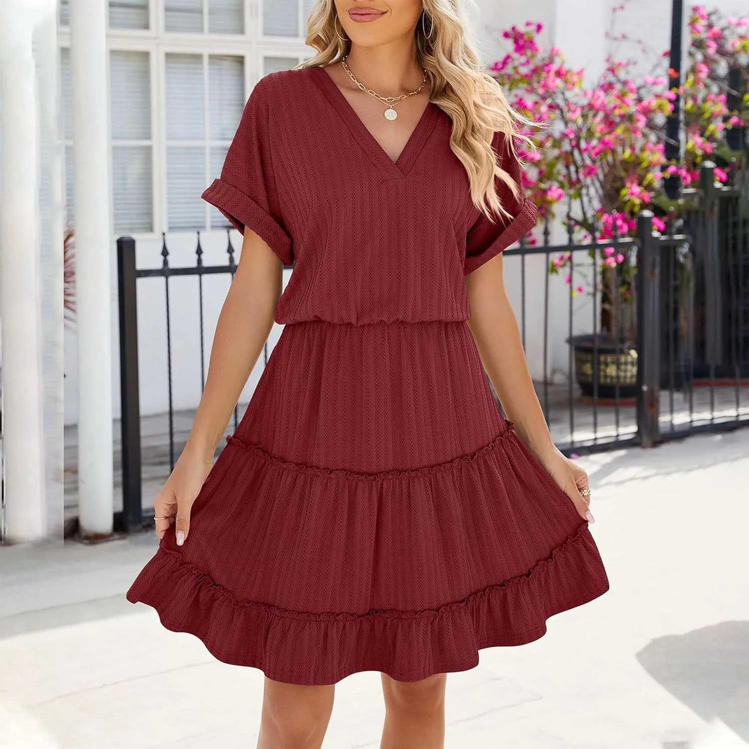 Womens Summer T Shirts Dresses Casual Roll Up Short Sleeve Trendy Textured Flowy Ruffle Tiered A Line Swing Mini Dress