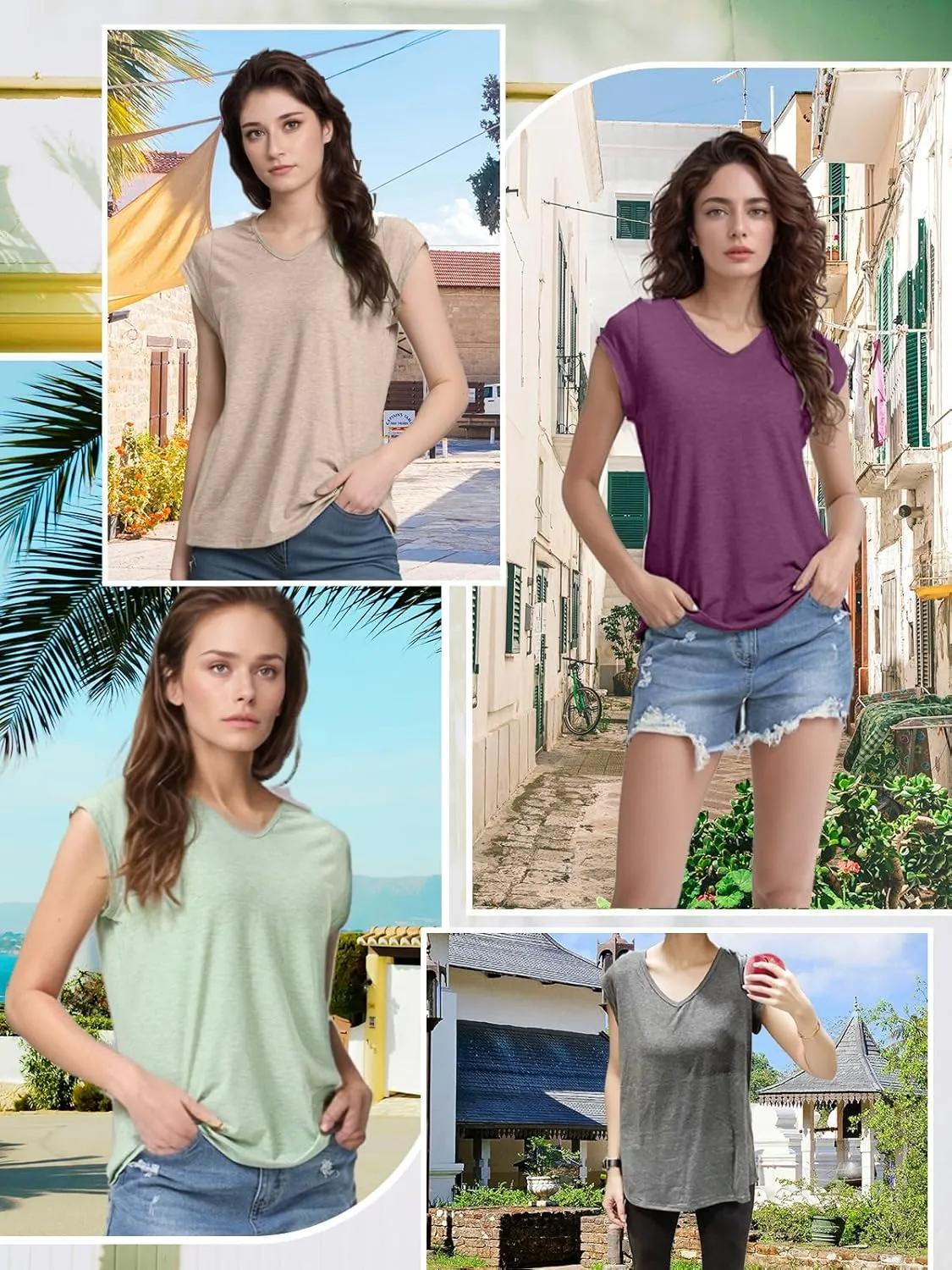 Womens Summer Tee Tops 2025 Cap Sleeve Trendy Tank Tops V Neck T Shirts Casual Basic Boho Loose Shirt