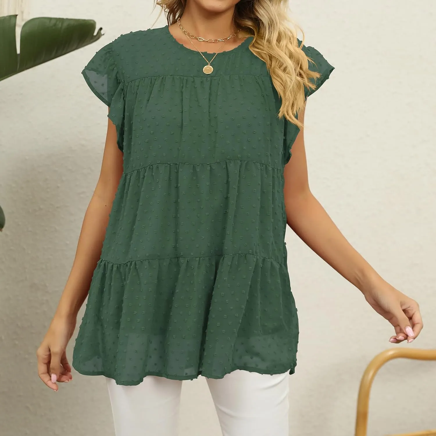 Womens Summer Tops Dressy Casual Short Sleeve Crewneck Ruffle T Shirts Fashion Sexy Skirts Cute Going Out Blouses
