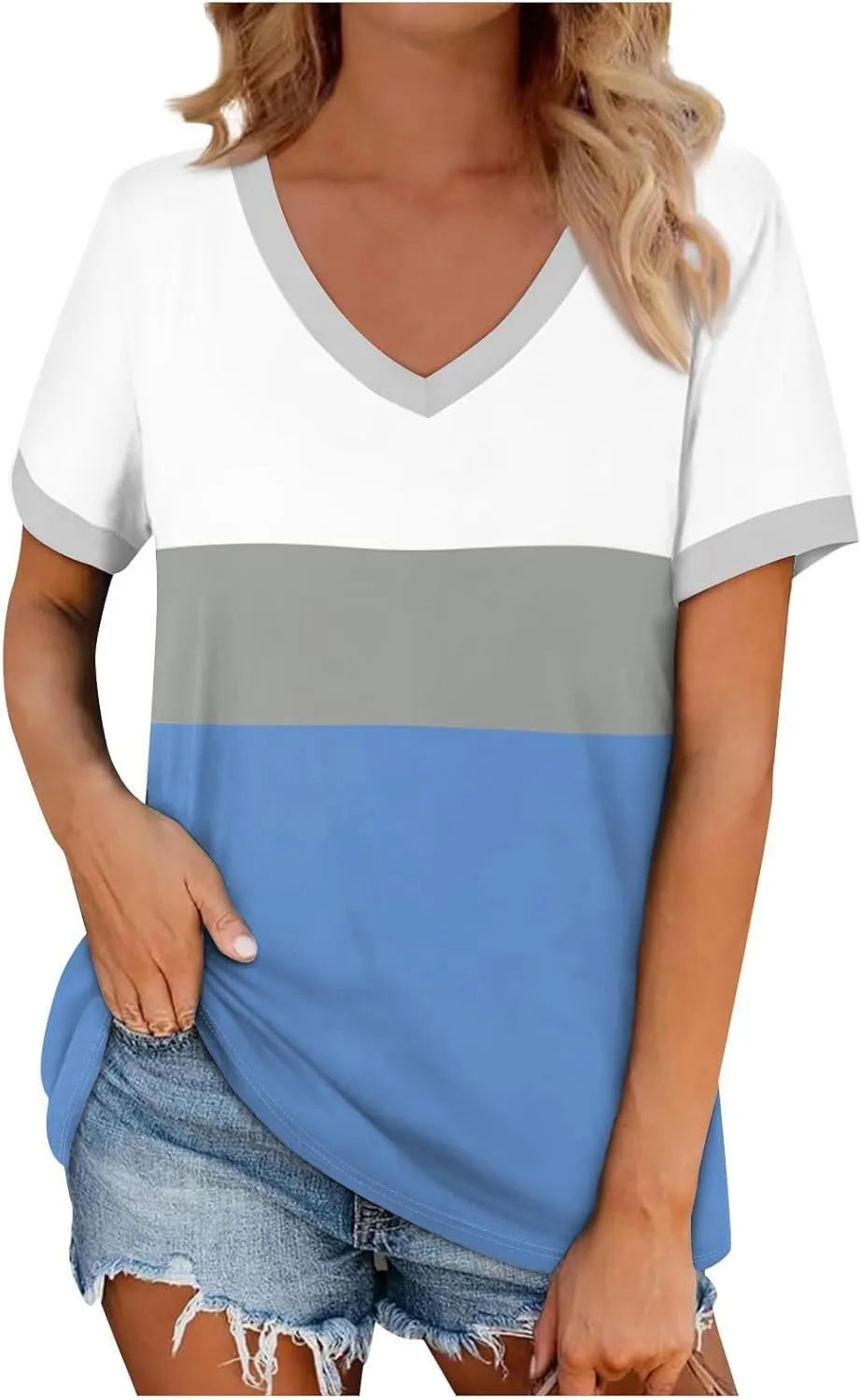 Womens Summer Tops Dressy Casual V Neck Short Sleeve Striped Color Block T Shirts Daily Going Out Blouses