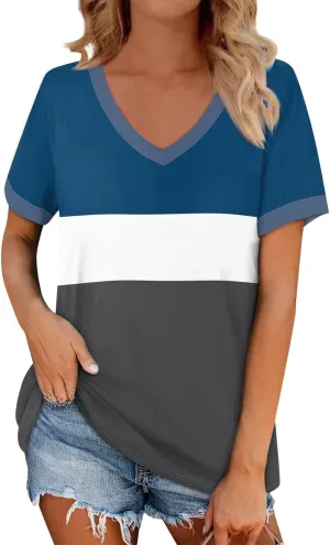 Womens Summer Tops Dressy Casual V Neck Short Sleeve Striped Color Block T Shirts Daily Going Out Blouses