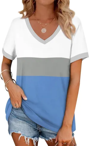 Womens Summer Tops Dressy Casual V Neck Short Sleeve Striped Color Block T Shirts Daily Going Out Blouses