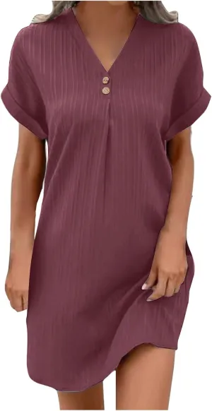 Womens T Shirts Dress Button Down V-Neck Short Sleeve Tennis Dresses Casual Ribbed Solid Ribbed A Line Mini Dress
