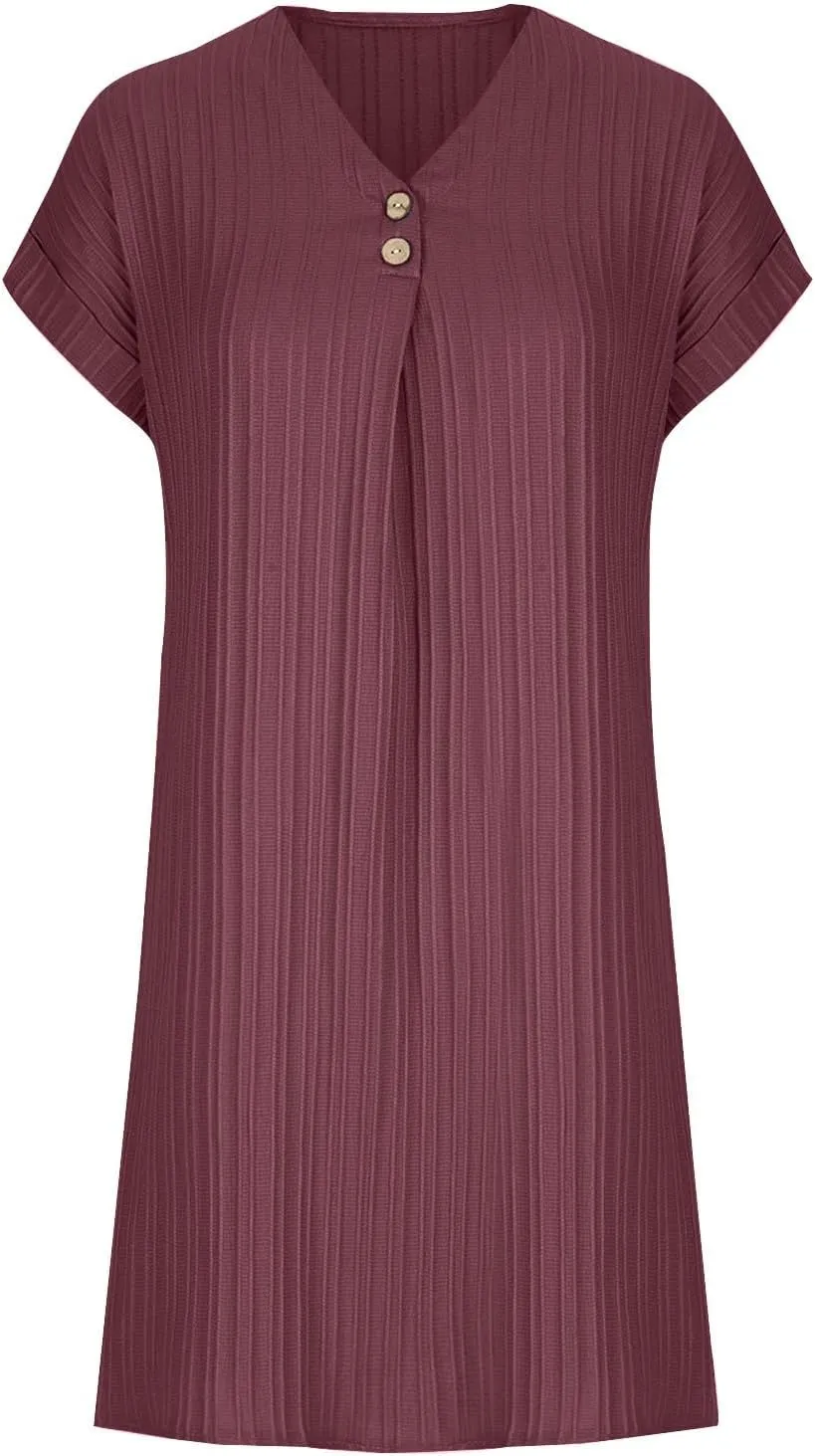 Womens T Shirts Dress Button Down V-Neck Short Sleeve Tennis Dresses Casual Ribbed Solid Ribbed A Line Mini Dress