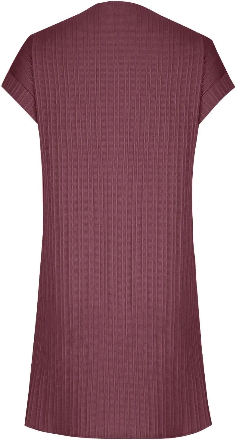 Womens T Shirts Dress Button Down V-Neck Short Sleeve Tennis Dresses Casual Ribbed Solid Ribbed A Line Mini Dress