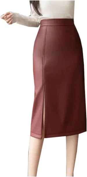 Women's Vintage Front Split PU Leather Wrapped Midi Skirts Solid High Waist Office Pencil Skirts