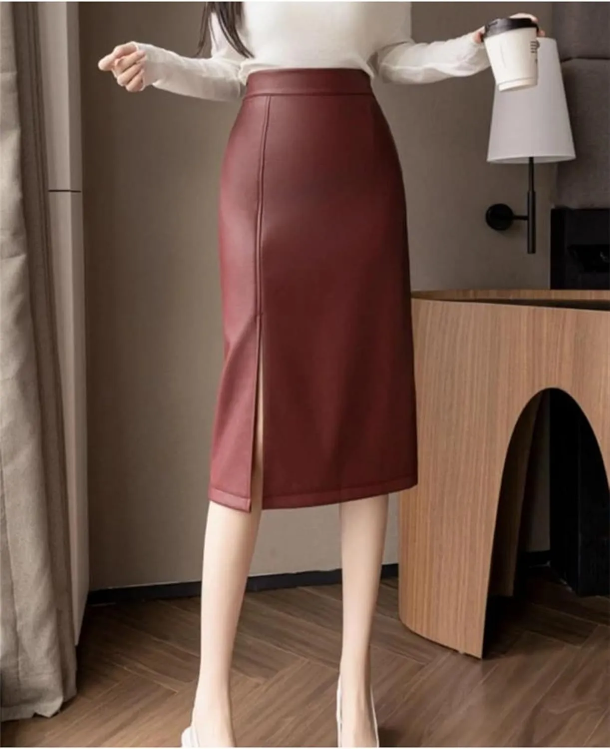Women's Vintage Front Split PU Leather Wrapped Midi Skirts Solid High Waist Office Pencil Skirts