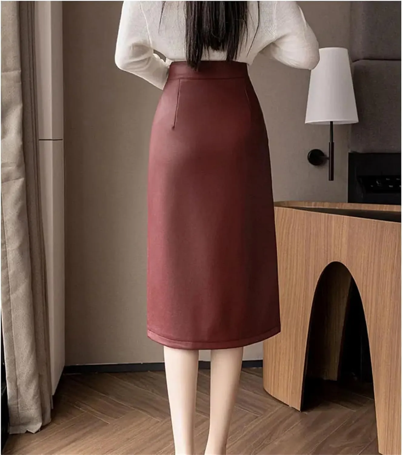 Women's Vintage Front Split PU Leather Wrapped Midi Skirts Solid High Waist Office Pencil Skirts