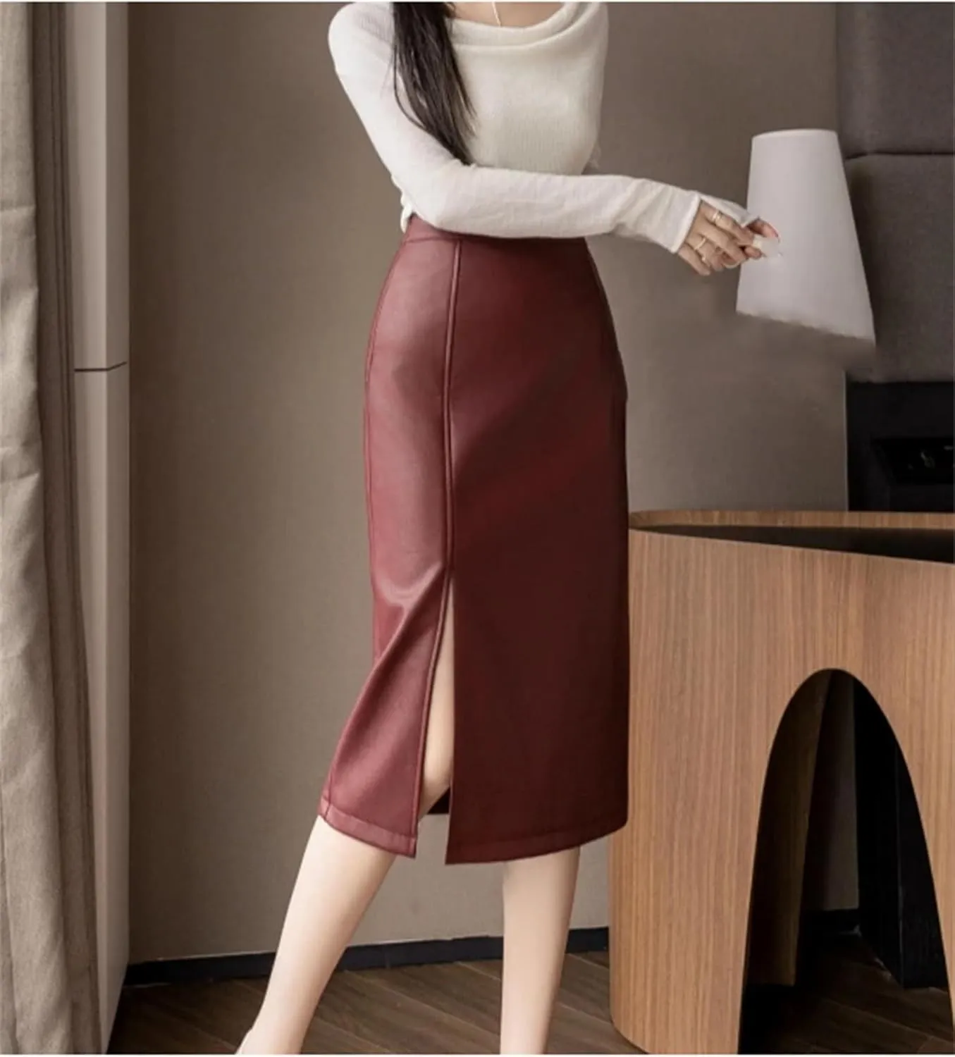 Women's Vintage Front Split PU Leather Wrapped Midi Skirts Solid High Waist Office Pencil Skirts