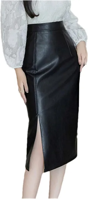 Women's Vintage Front Split PU Leather Wrapped Midi Skirts Solid High Waist Office Pencil Skirts