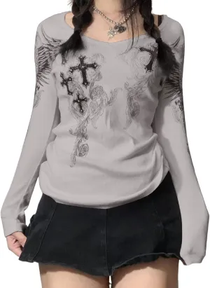 Y2K Aesthetic Long Sleeve Graphic Print Top Harajuku Grunge Punk T Shirts 90s Girls Retro Tee Tops Autumn Streetwear