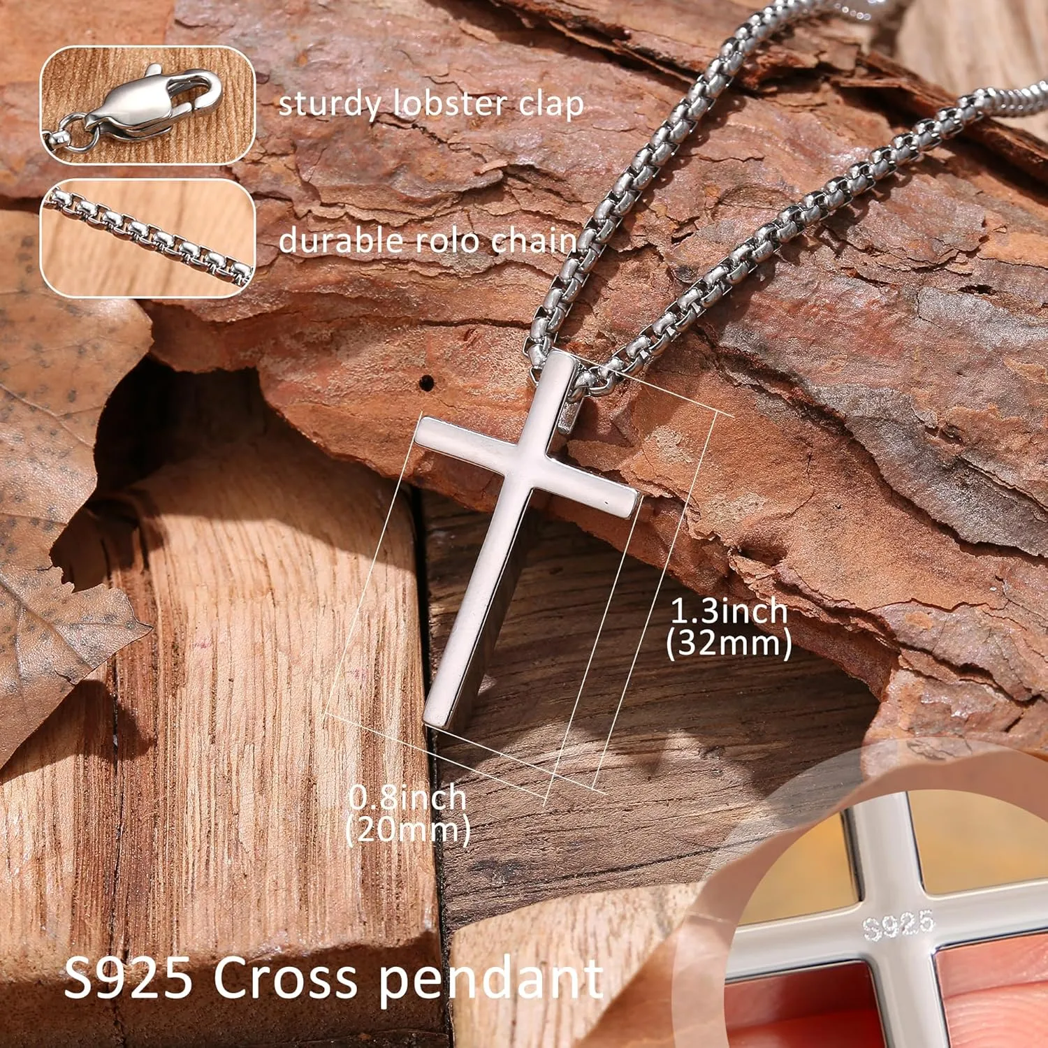 YADOCA 925 Sterling Silver Cross Necklace for Men - Silver Black Gold Mens Cross Necklaces Chain CCross Pendant Necklaces 2.5mm Stainless Steel Cross Chain 18-22 Inch 1PCS