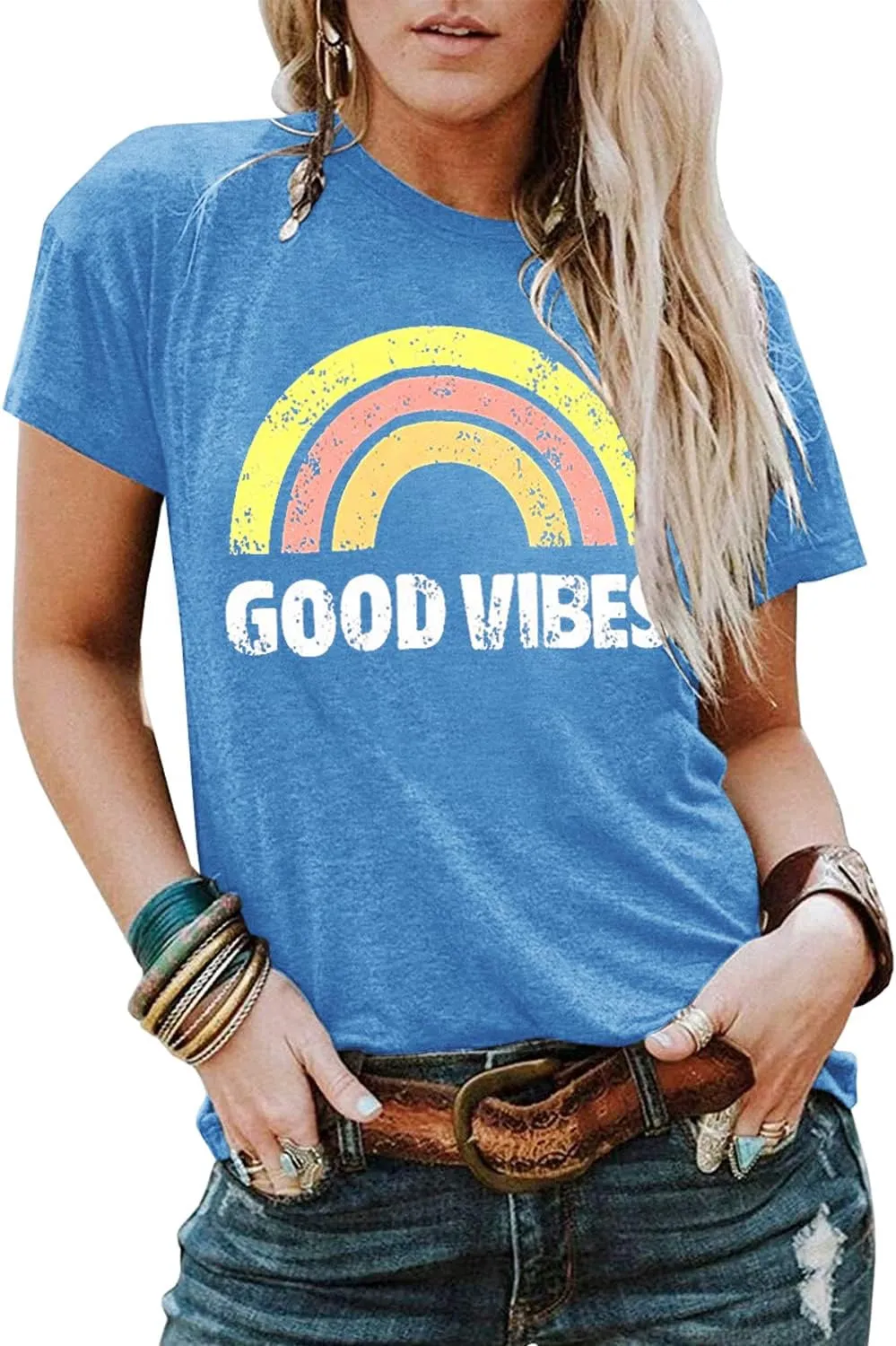 YEXIPO Womens Graphic Tees Short Sleeve Summer Tops Funny Letter Print Crew Neck Casual Loose Cute T Shirts