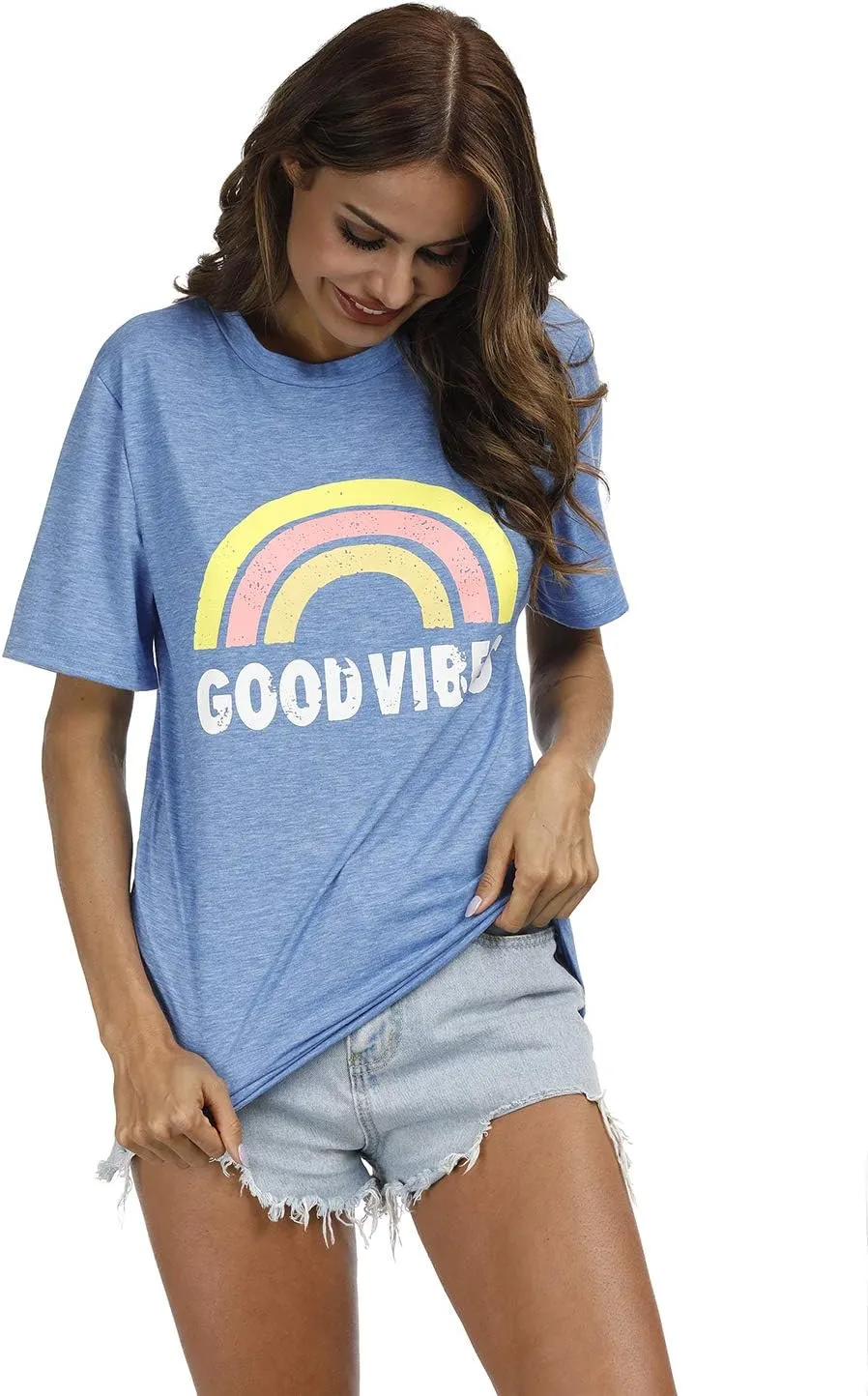 YEXIPO Womens Graphic Tees Short Sleeve Summer Tops Funny Letter Print Crew Neck Casual Loose Cute T Shirts