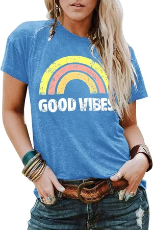 YEXIPO Womens Graphic Tees Short Sleeve Summer Tops Funny Letter Print Crew Neck Casual Loose Cute T Shirts