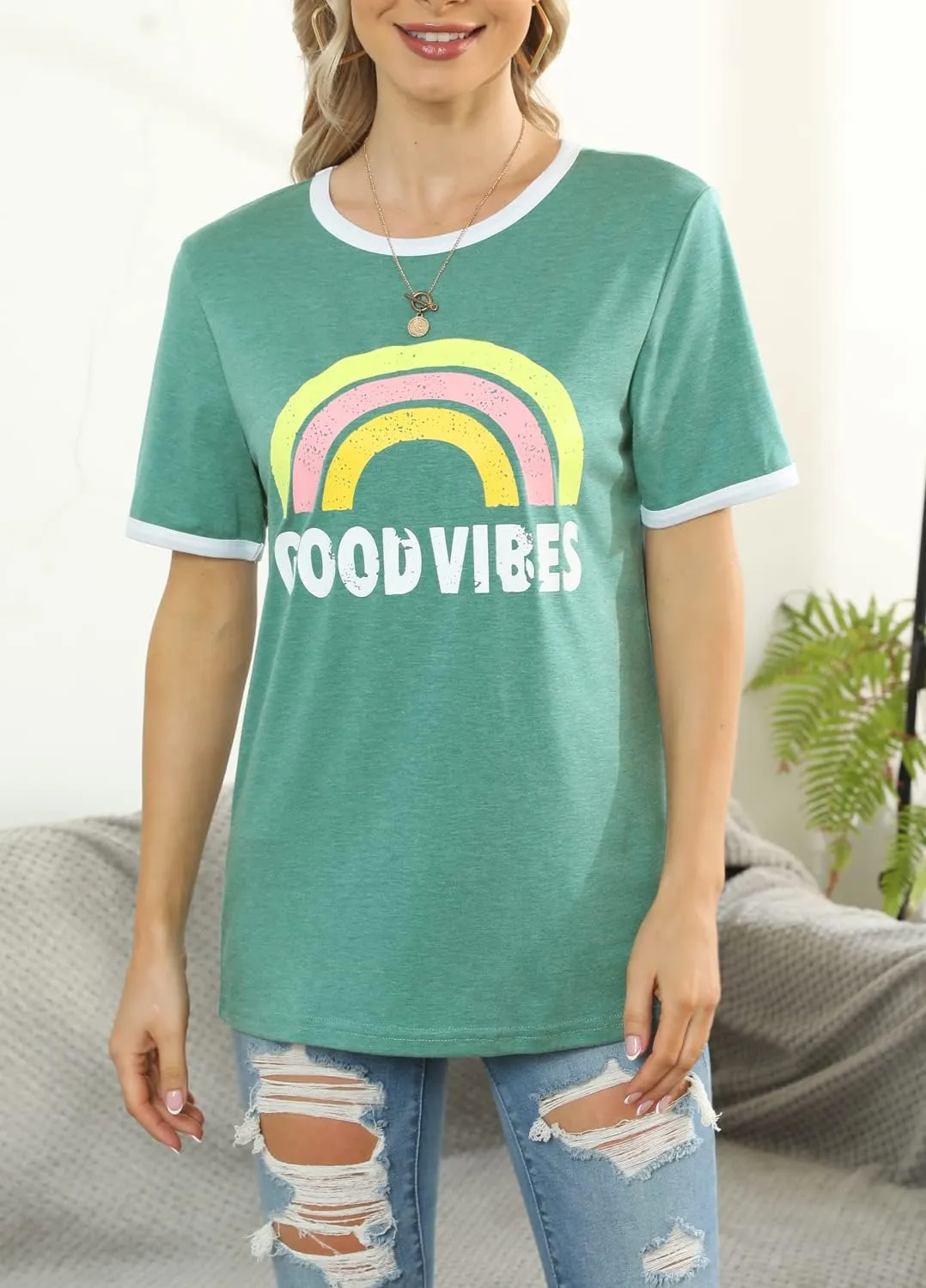 YEXIPO Womens Graphic Tees Short Sleeve Summer Tops Funny Letter Print Crew Neck Casual Loose Cute T Shirts