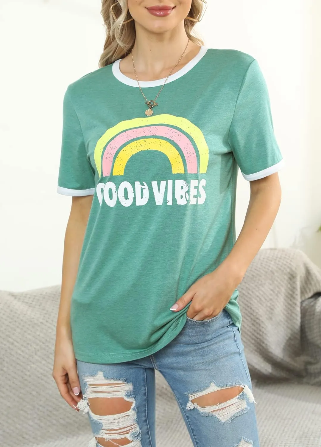 YEXIPO Womens Graphic Tees Short Sleeve Summer Tops Funny Letter Print Crew Neck Casual Loose Cute T Shirts