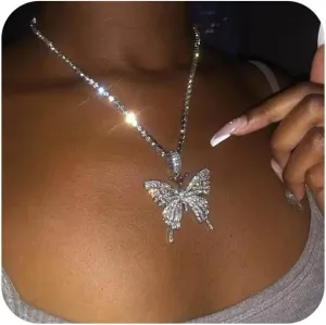 YienDoo Crystal Butterfly Necklace Choker Silver CZ Rhinestone Tennis Chain Sparkly Large Butterfly Pendant Necklace Charm Bling Crystal Butterfly Prom Necklace Jewelry Gift for Women