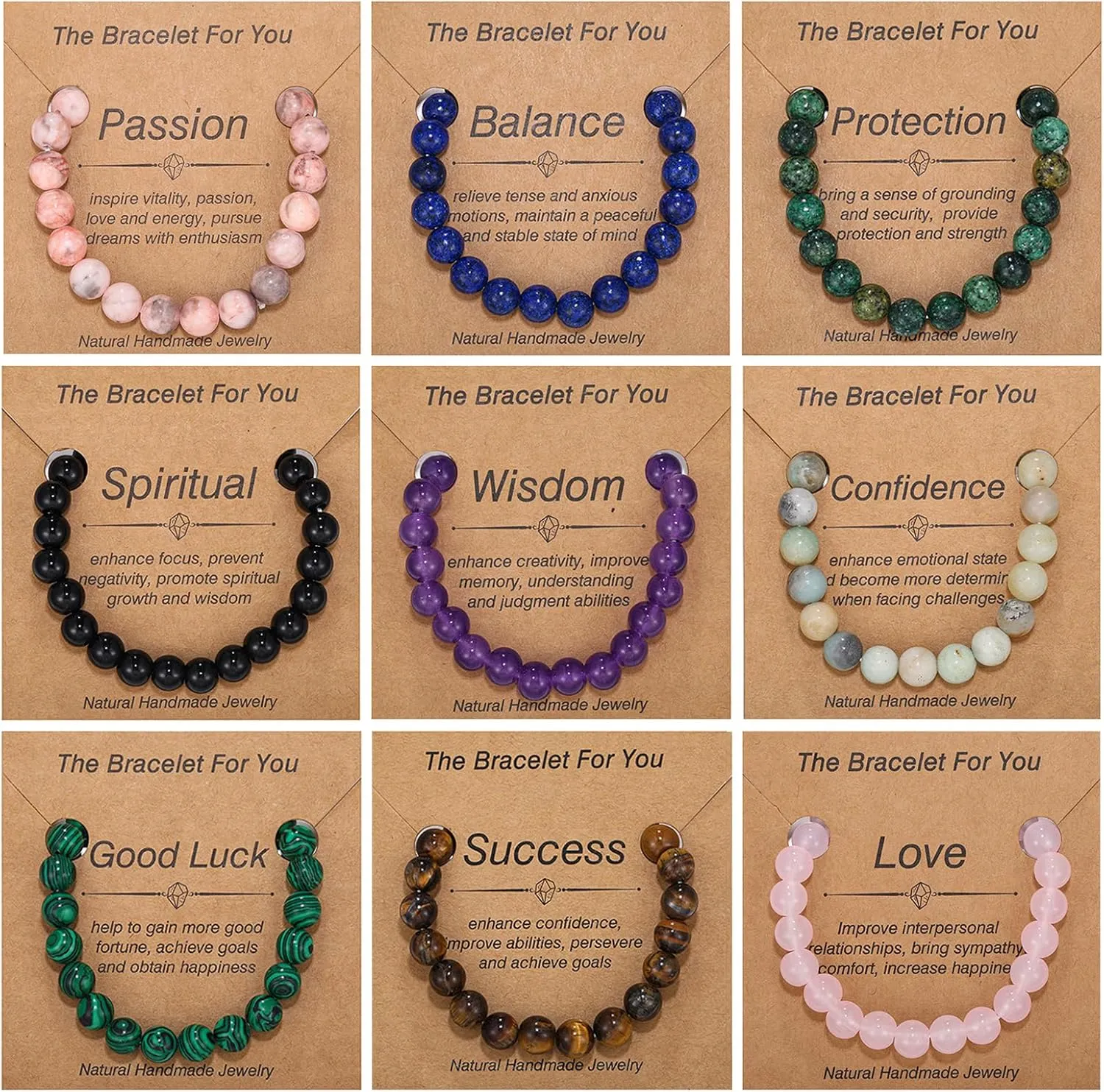 YVVLEE 9 Pcs Crystal Stone Bracelets for Women Men Semi-Precious Gemstone Beaded Bracelets 8mm Natural Stone Beads Bracelet Protection Anxiety Spiritual Stretch Bracelets Set Jewelry