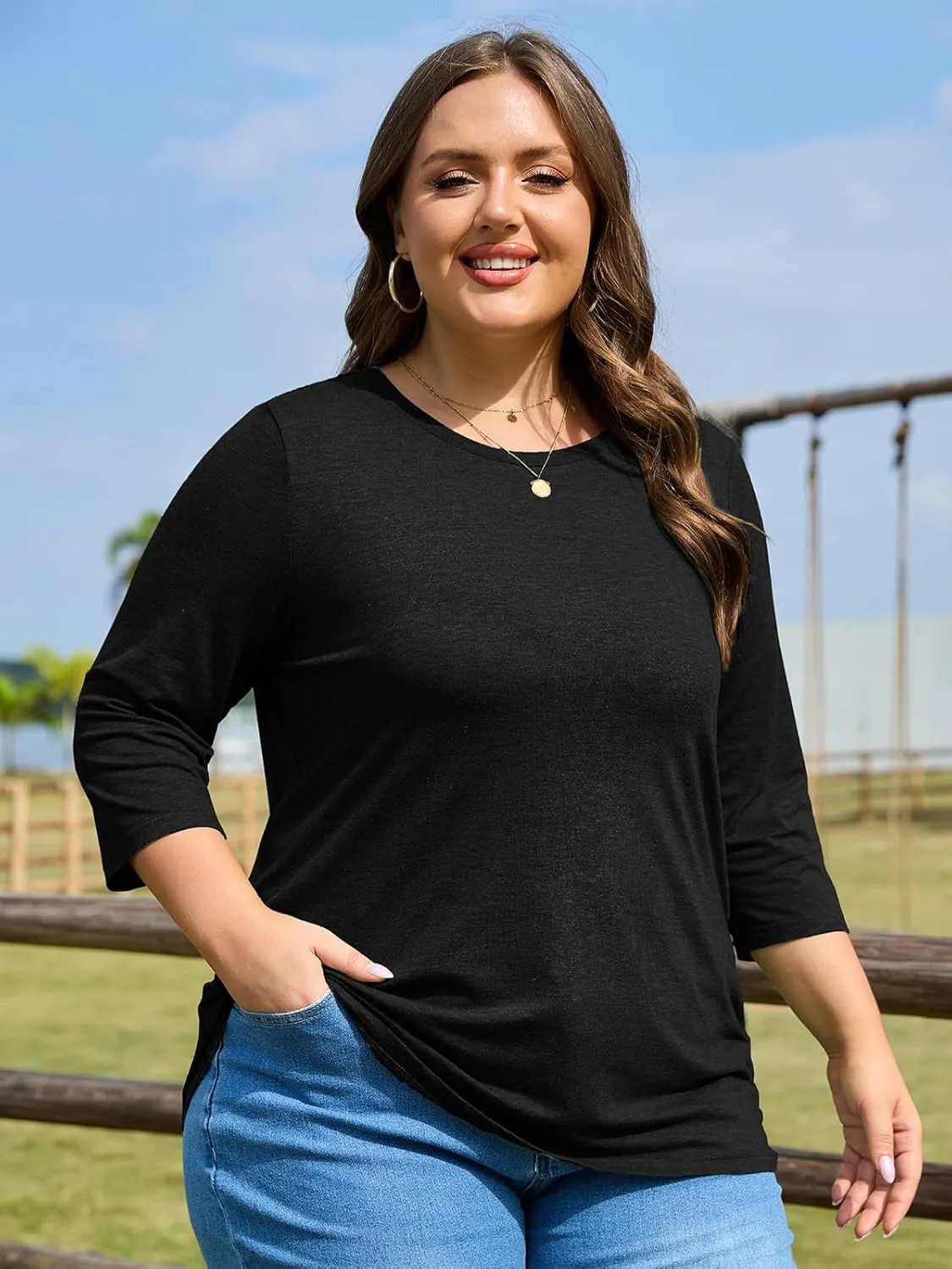 ZDC Women's Plus Size Tops 3/4 Sleeve Crew Neck T Shirts Loose Fit Tee Tunic Casual Blouse