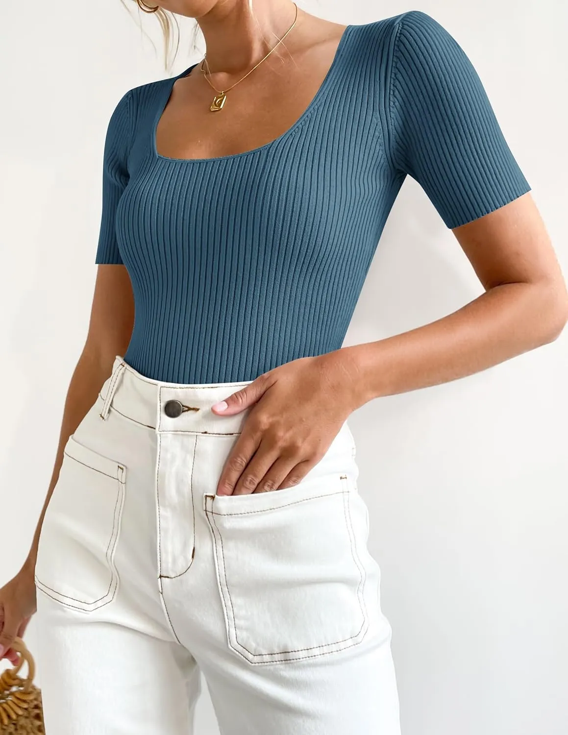 ZESICA Women's 2025 Short Sleeve Square Neck T Shirts Slim Fitted Summer Ribbed Knit Basic Casual Tee Tops