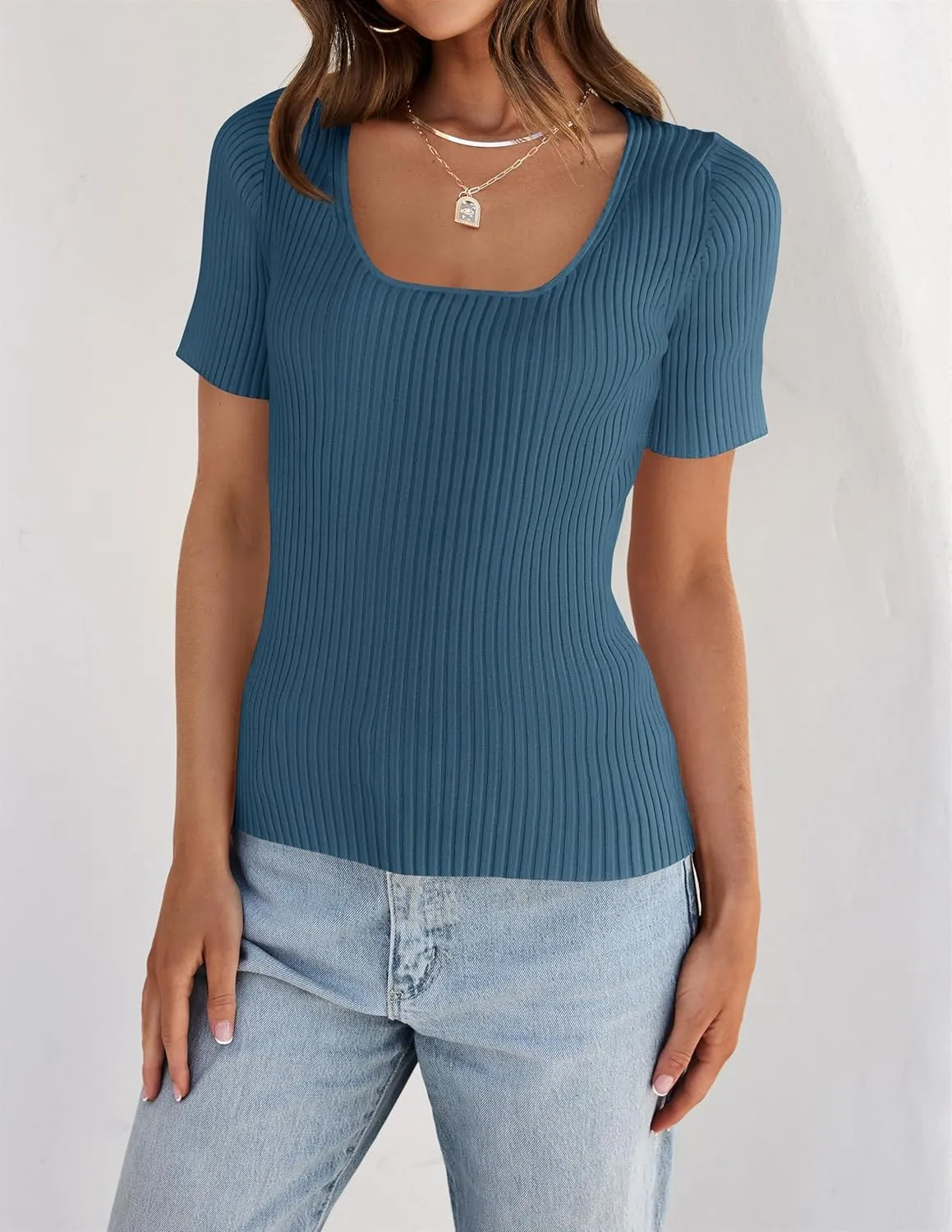ZESICA Women's 2025 Short Sleeve Square Neck T Shirts Slim Fitted Summer Ribbed Knit Basic Casual Tee Tops