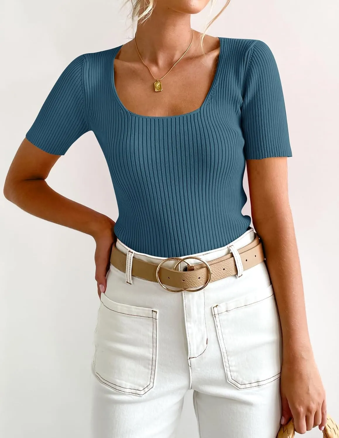 ZESICA Women's 2025 Short Sleeve Square Neck T Shirts Slim Fitted Summer Ribbed Knit Basic Casual Tee Tops