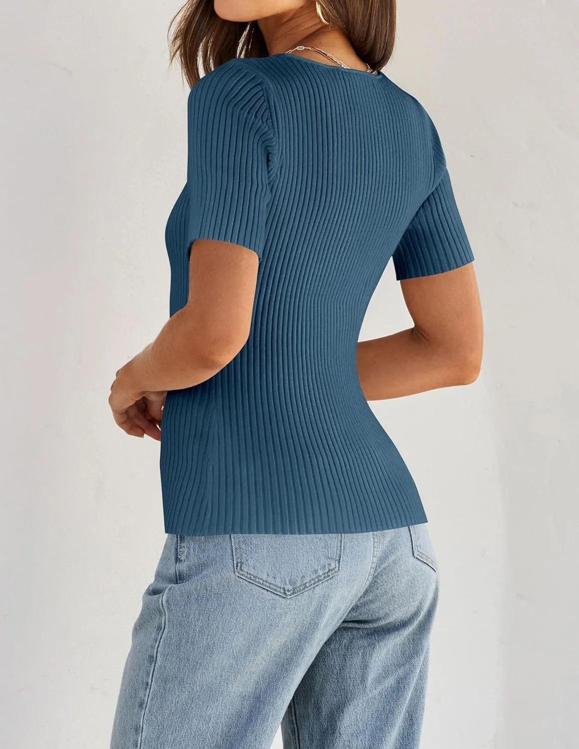 ZESICA Women's 2025 Short Sleeve Square Neck T Shirts Slim Fitted Summer Ribbed Knit Basic Casual Tee Tops