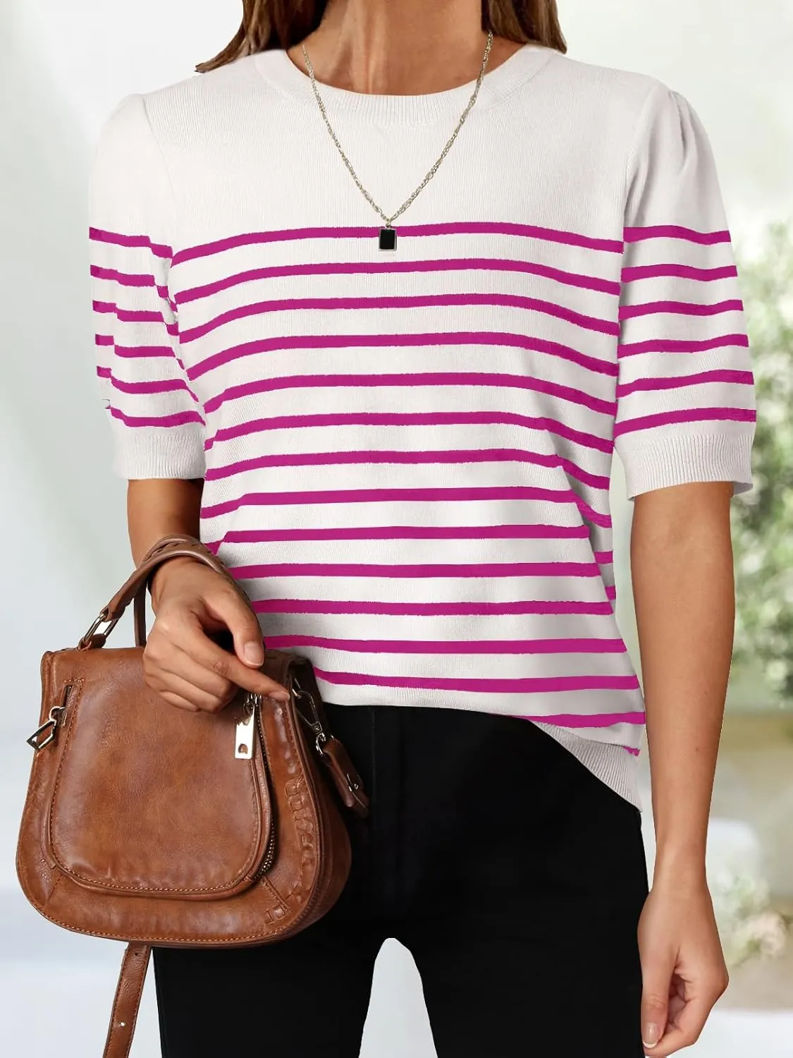 ZESICA Women's Casual Striped Tops Short Sleeve Crew Neck Ribbed Knit T Shirts Comfy Loose Basic Pullover Sweater