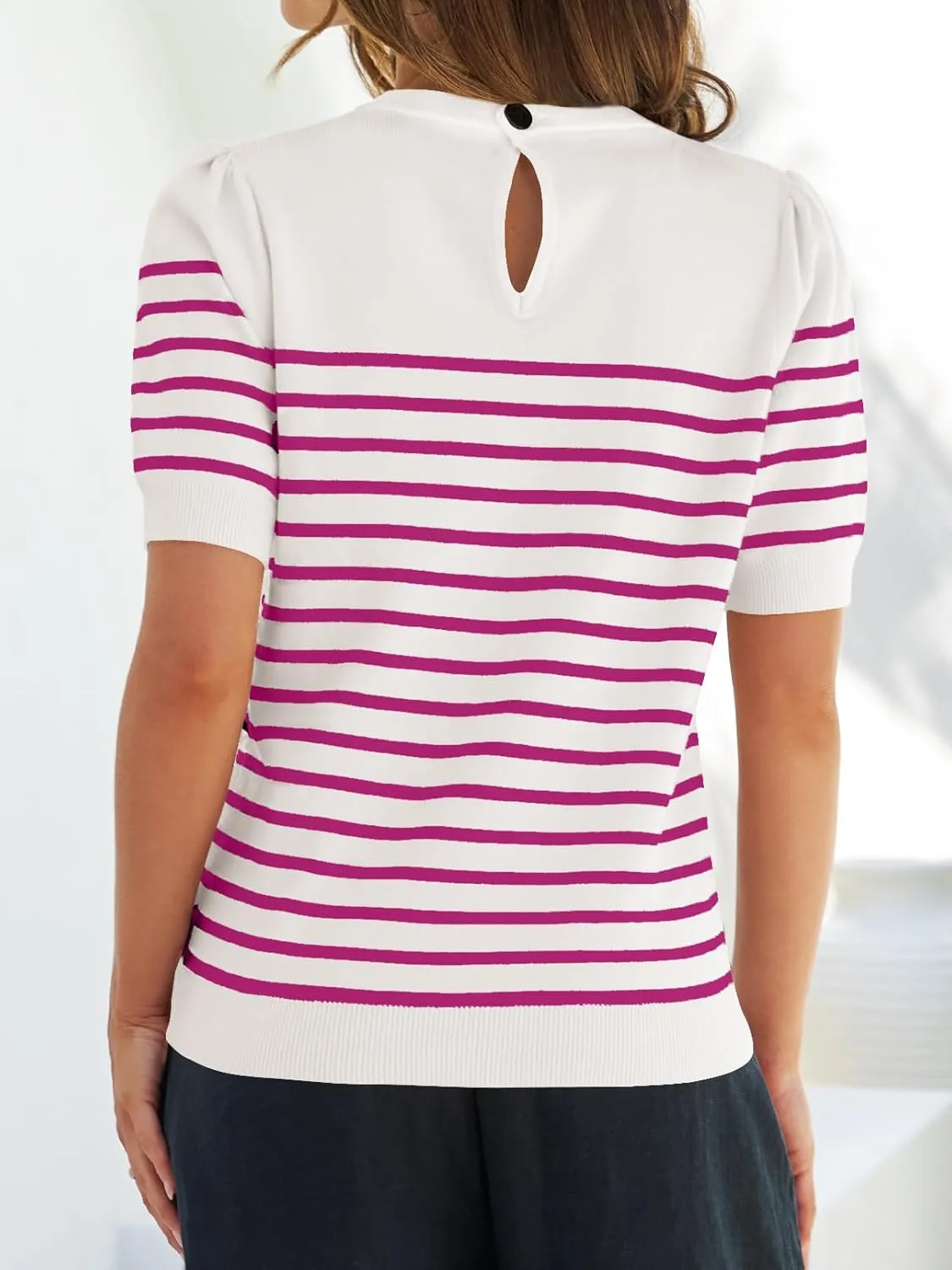 ZESICA Women's Casual Striped Tops Short Sleeve Crew Neck Ribbed Knit T Shirts Comfy Loose Basic Pullover Sweater