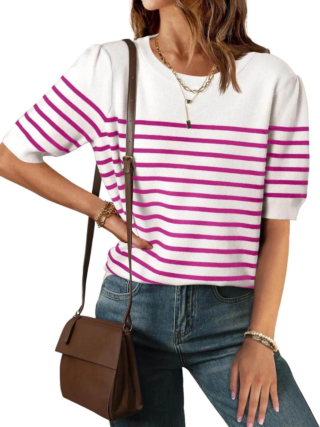 ZESICA Women's Casual Striped Tops Short Sleeve Crew Neck Ribbed Knit T Shirts Comfy Loose Basic Pullover Sweater