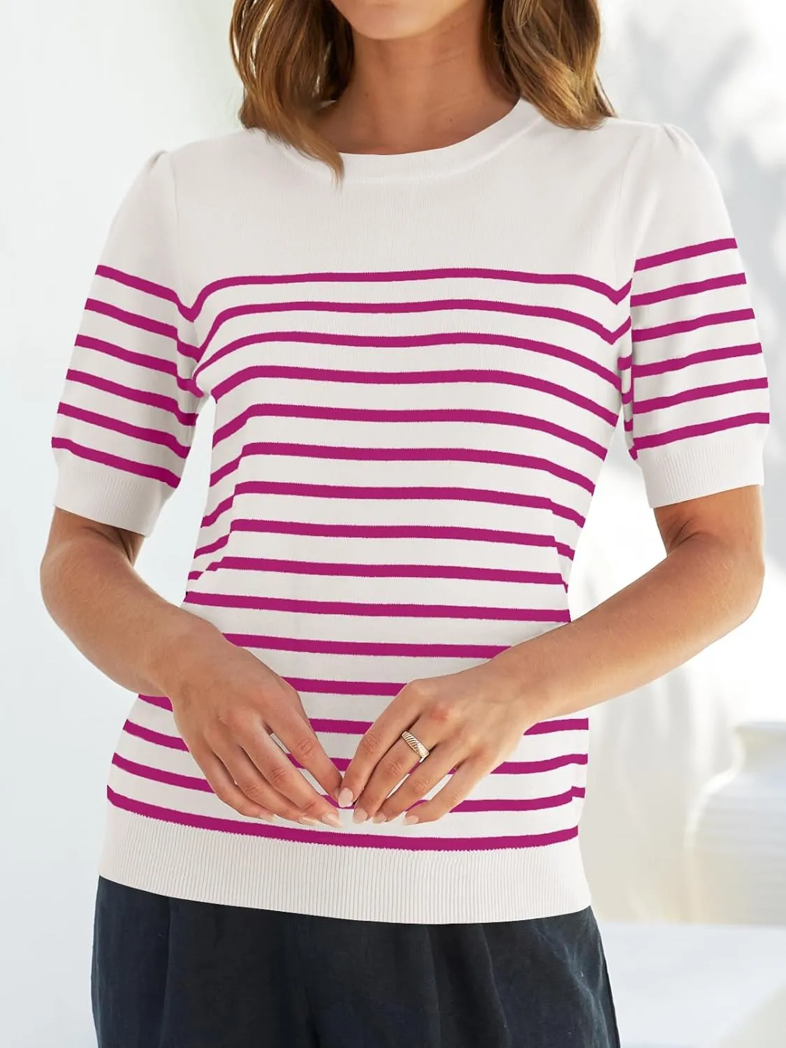 ZESICA Women's Casual Striped Tops Short Sleeve Crew Neck Ribbed Knit T Shirts Comfy Loose Basic Pullover Sweater