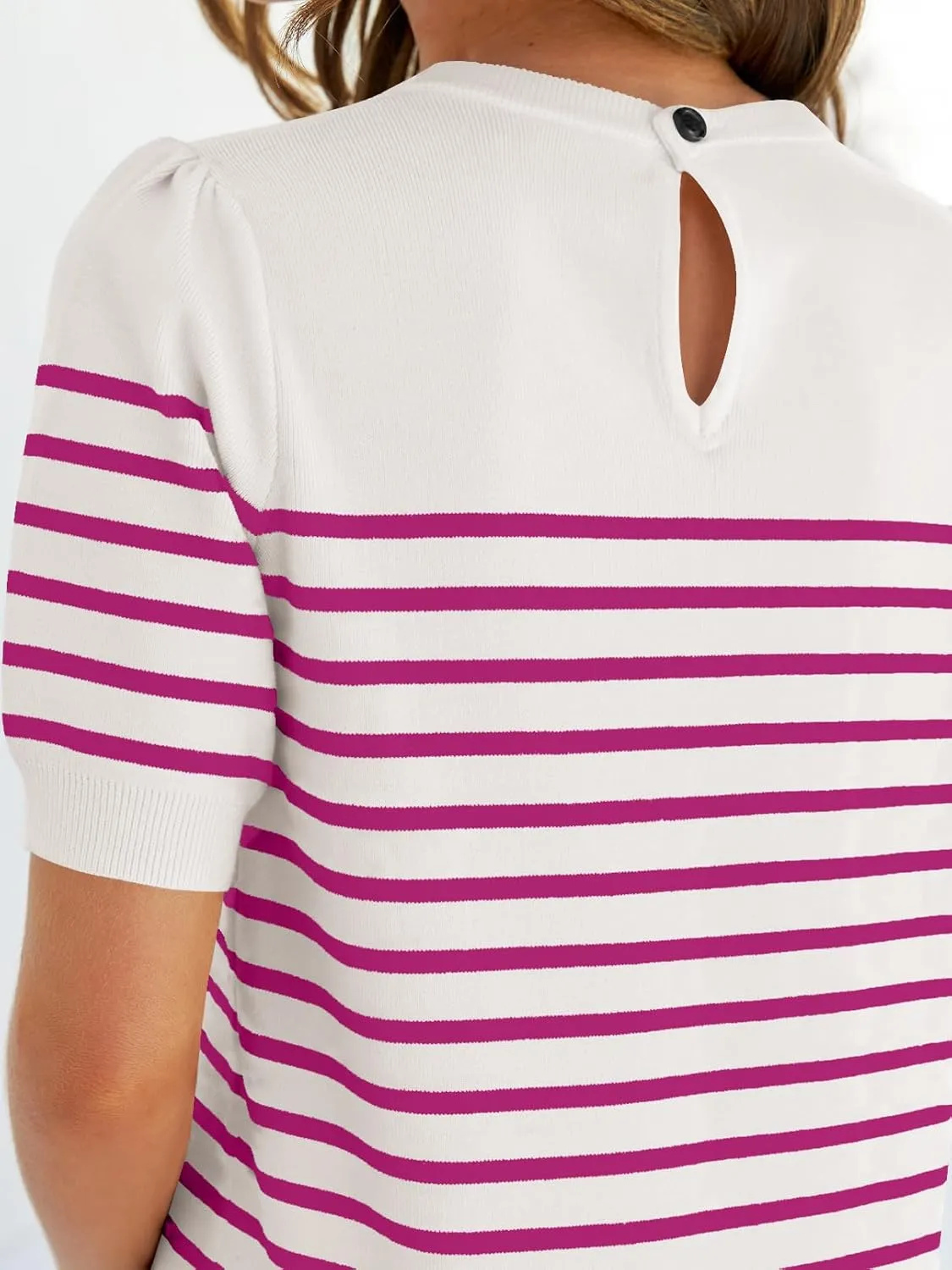 ZESICA Women's Casual Striped Tops Short Sleeve Crew Neck Ribbed Knit T Shirts Comfy Loose Basic Pullover Sweater
