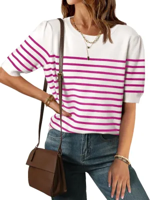 ZESICA Women's Casual Striped Tops Short Sleeve Crew Neck Ribbed Knit T Shirts Comfy Loose Basic Pullover Sweater
