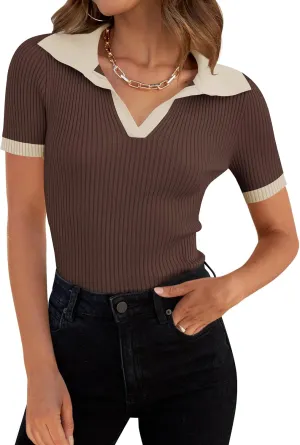 ZESICA Women's Short Sleeve V Neck T Shirts 2025 Summer Ribbed Knit Slim Fitted Basic Solid Color Tee Tops