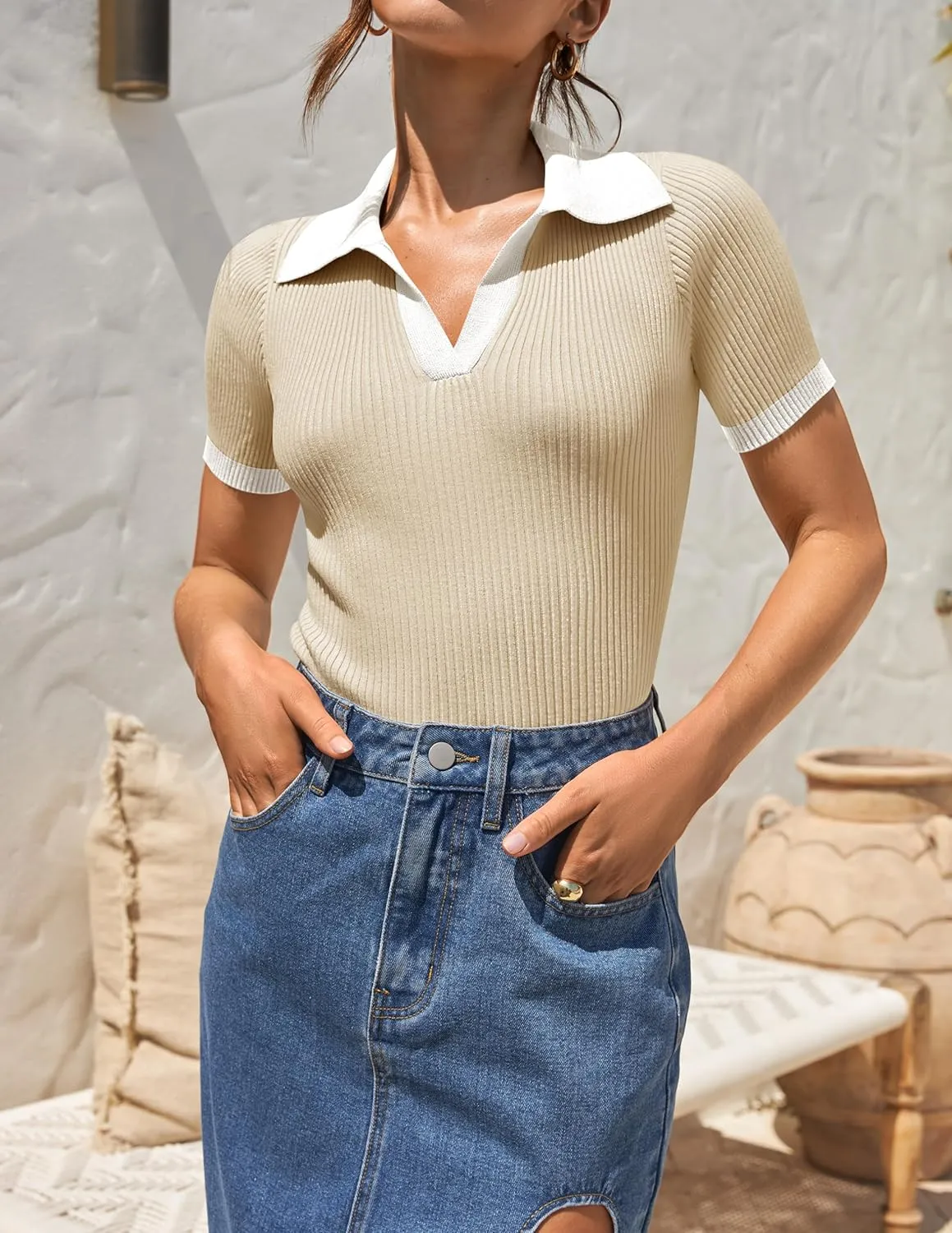 ZESICA Women's Short Sleeve V Neck T Shirts 2025 Summer Ribbed Knit Slim Fitted Basic Solid Color Tee Tops