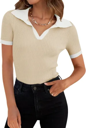 ZESICA Women's Short Sleeve V Neck T Shirts 2025 Summer Ribbed Knit Slim Fitted Basic Solid Color Tee Tops