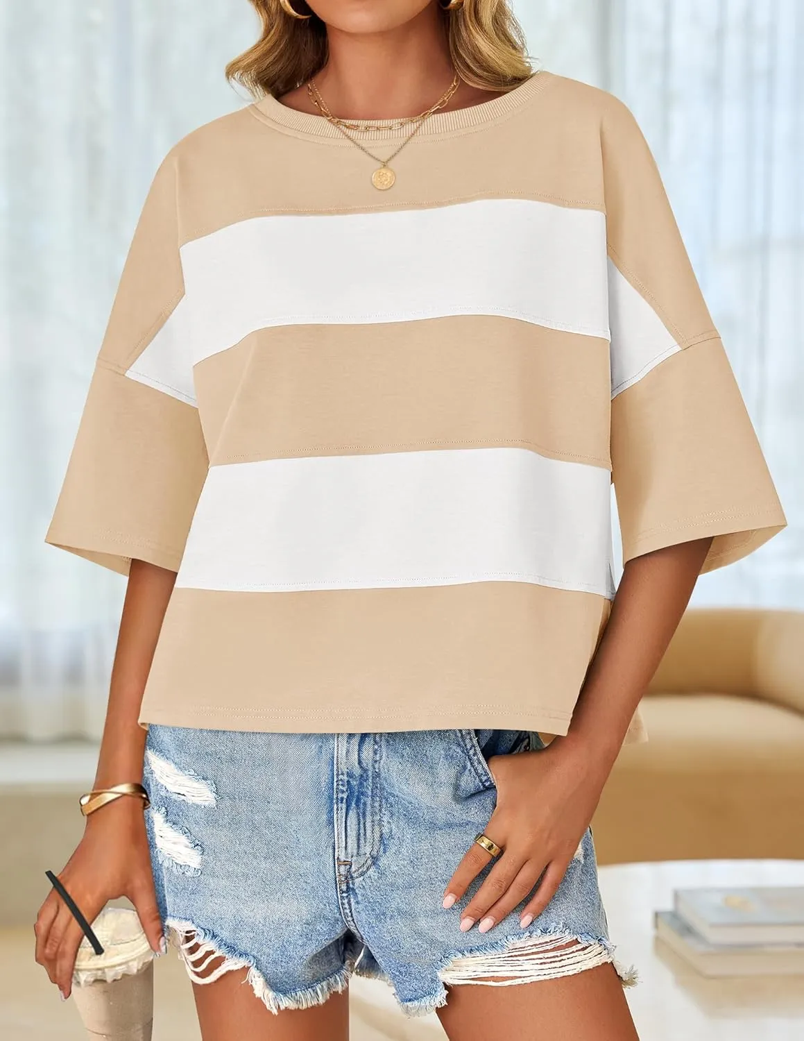 ZESICA Women's Summer 2025 3/4 Sleeve Casual Tee Tops Crewneck Drop Shoulder Color Block Oversized T-Shirts