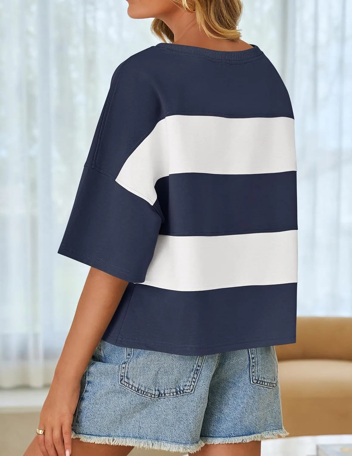 ZESICA Women's Summer 2025 3/4 Sleeve Casual Tee Tops Crewneck Drop Shoulder Color Block Oversized T-Shirts