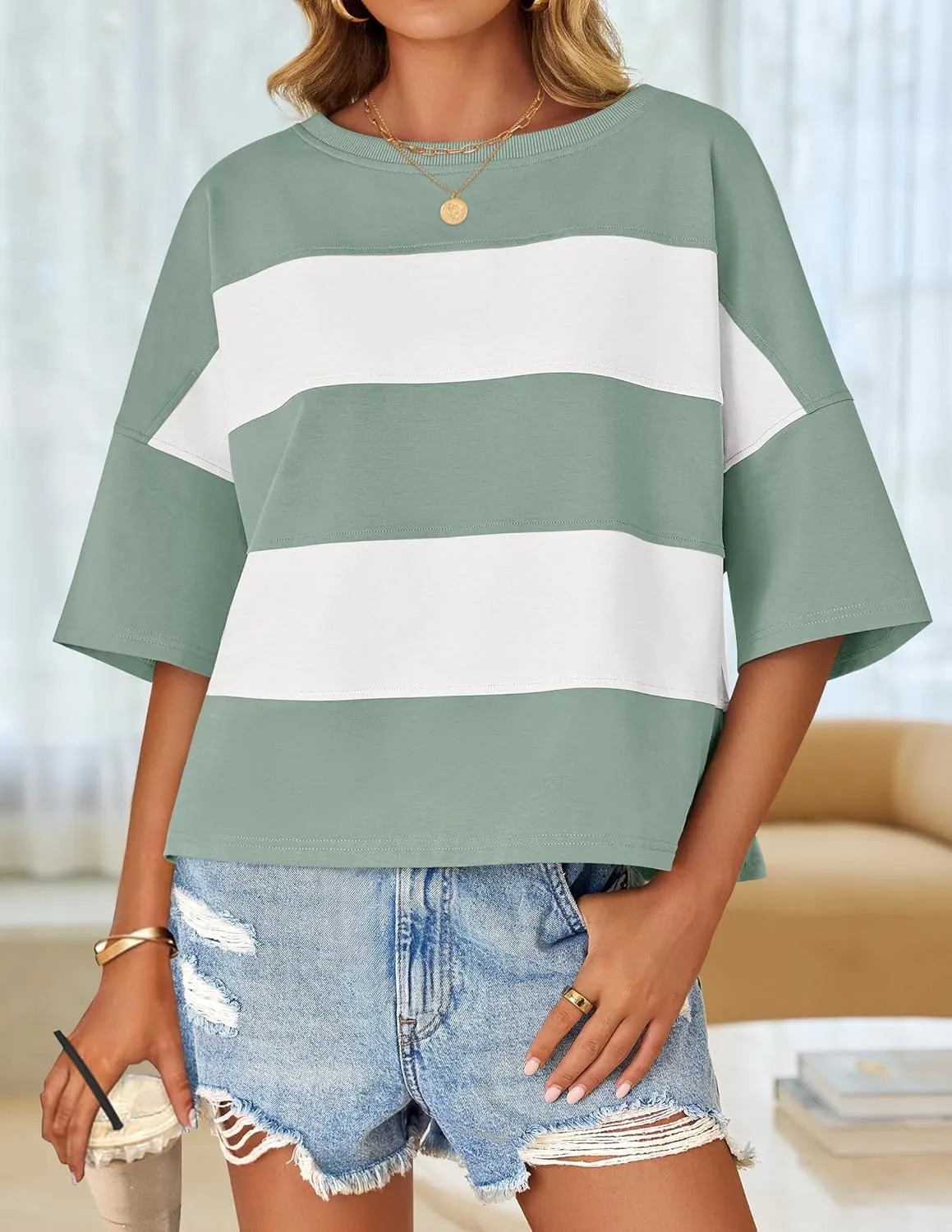 ZESICA Women's Summer 2025 3/4 Sleeve Casual Tee Tops Crewneck Drop Shoulder Color Block Oversized T-Shirts