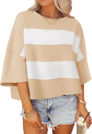 ZESICA Women's Summer 2025 3/4 Sleeve Casual Tee Tops Crewneck Drop Shoulder Color Block Oversized T-Shirts