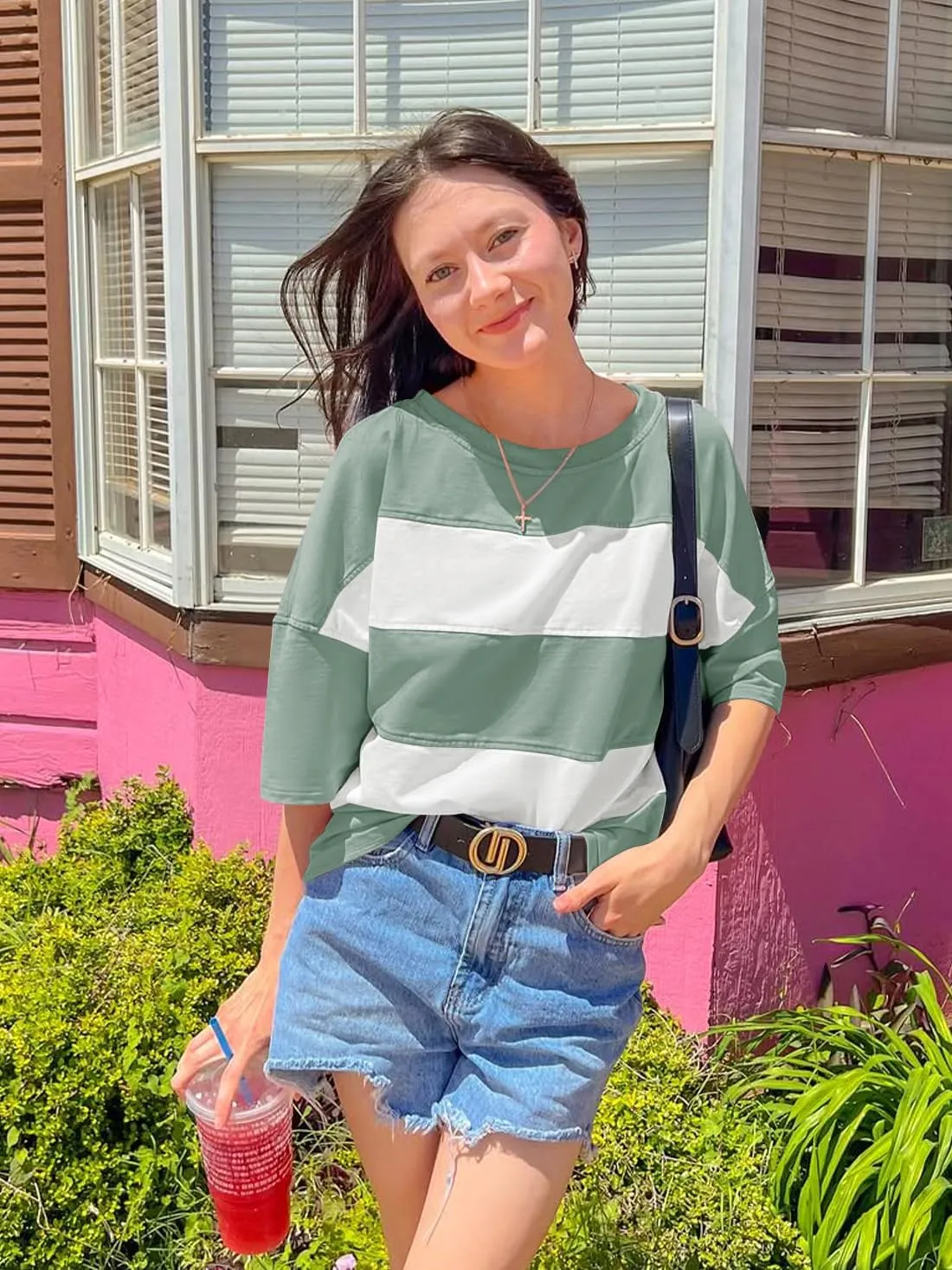 ZESICA Women's Summer 2025 3/4 Sleeve Casual Tee Tops Crewneck Drop Shoulder Color Block Oversized T-Shirts
