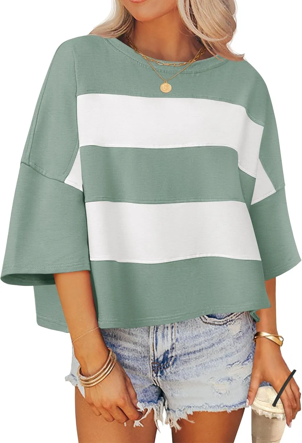ZESICA Women's Summer 2025 3/4 Sleeve Casual Tee Tops Crewneck Drop Shoulder Color Block Oversized T-Shirts