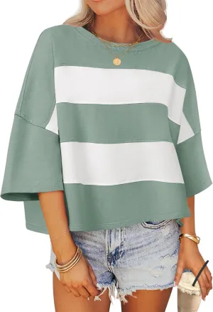 ZESICA Women's Summer 2025 3/4 Sleeve Casual Tee Tops Crewneck Drop Shoulder Color Block Oversized T-Shirts