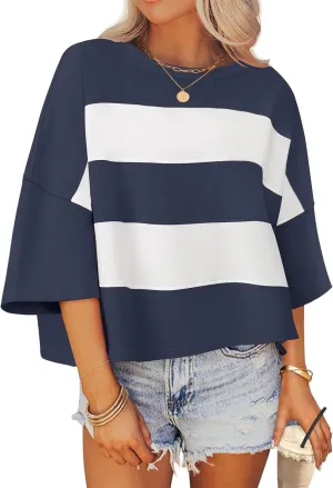 ZESICA Women's Summer 2025 3/4 Sleeve Casual Tee Tops Crewneck Drop Shoulder Color Block Oversized T-Shirts