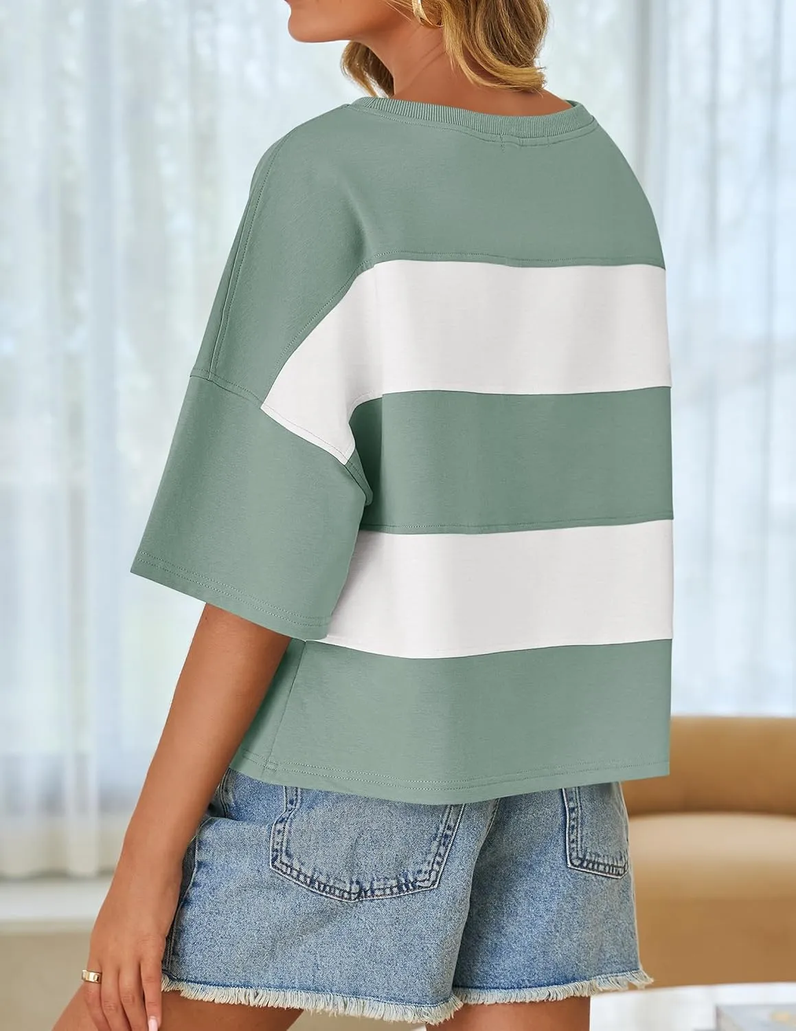 ZESICA Women's Summer 2025 3/4 Sleeve Casual Tee Tops Crewneck Drop Shoulder Color Block Oversized T-Shirts