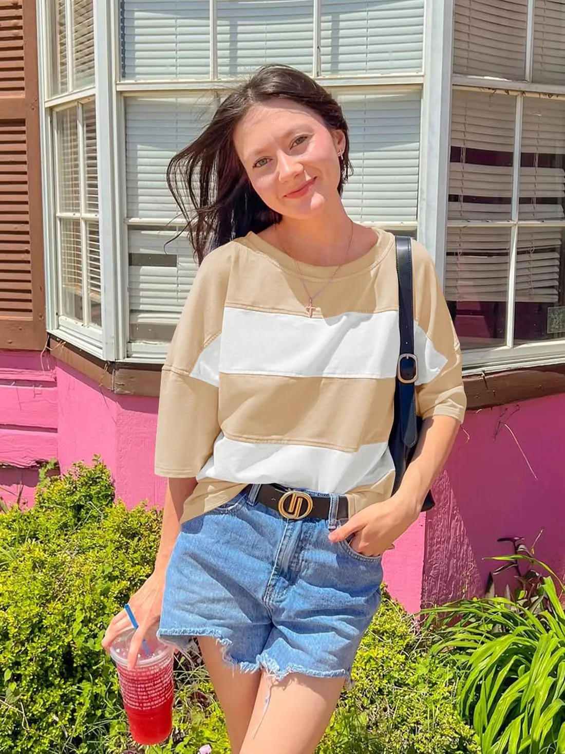 ZESICA Women's Summer 2025 3/4 Sleeve Casual Tee Tops Crewneck Drop Shoulder Color Block Oversized T-Shirts